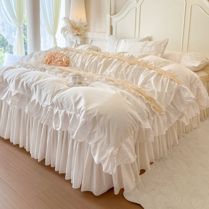 91家纺网 家纺一手货源 找家纺 瑞宝 2025新款法式全棉纯棉花边床裙款四件套-维密 维密 奶油白