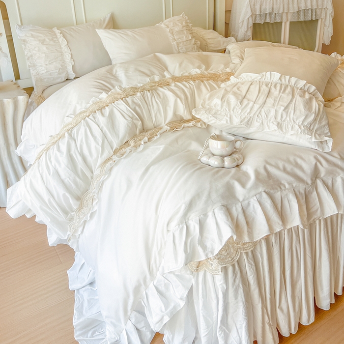 91家纺网 家纺一手货源 找家纺 瑞宝 2025新款法式全棉纯棉花边床裙款四件套-维密 维密 奶油白
