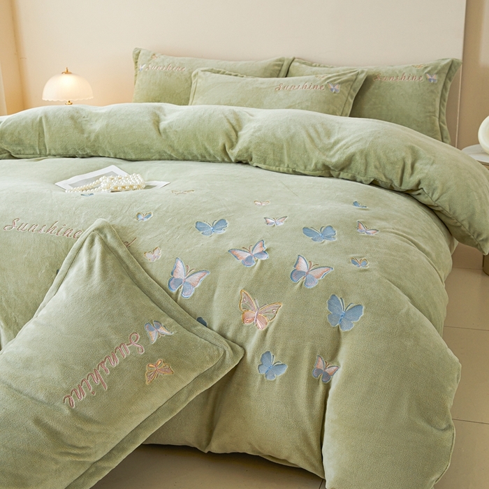 莱越家纺 2025秋冬新款蝴蝶刺绣牛奶绒四件套 刺绣蝴蝶款-牛奶果绿