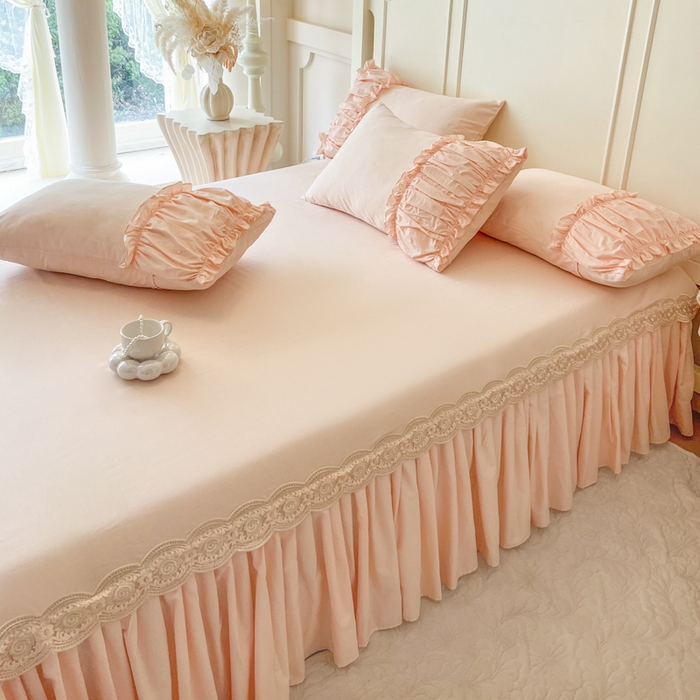 91家纺网 家纺一手货源 找家纺 瑞宝 2025新款法式全棉花边维密系列床裙款三件套 维密-蜜粉