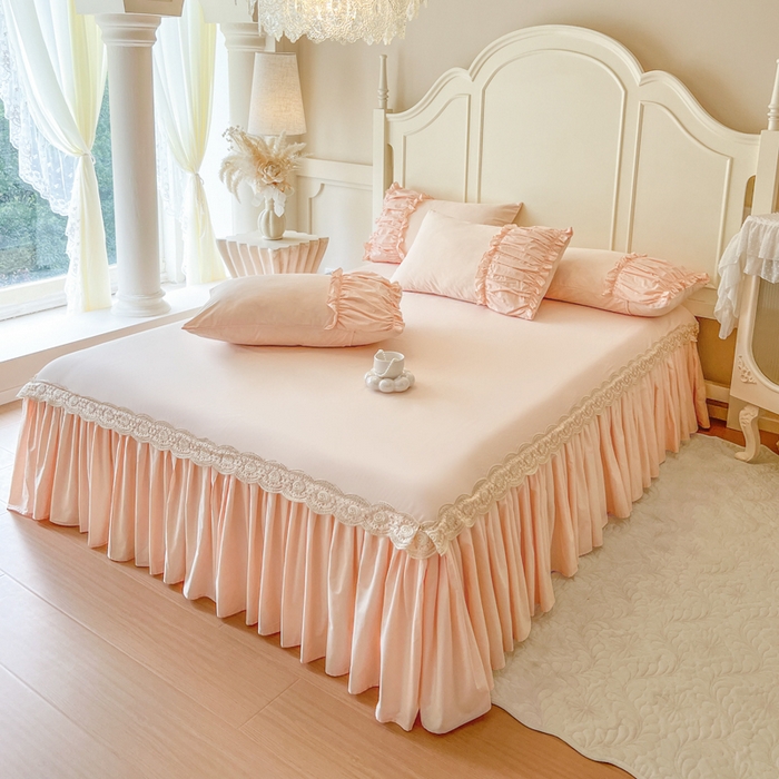 91家纺网 家纺一手货源 找家纺 瑞宝 2025新款法式全棉花边维密系列床裙款三件套 维密-蜜粉