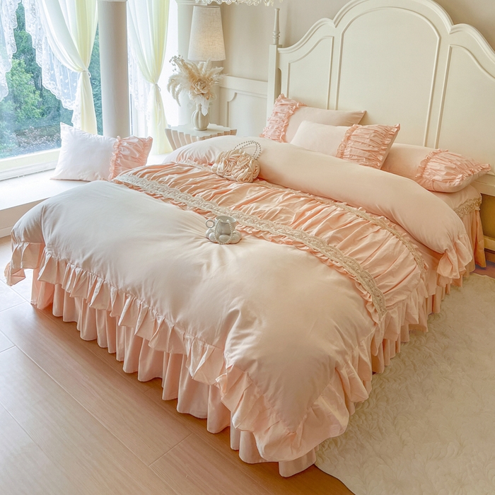 91家纺网 家纺一手货源 找家纺 瑞宝 2025新款法式全棉花边维密系列床裙款三件套 维密-蜜粉