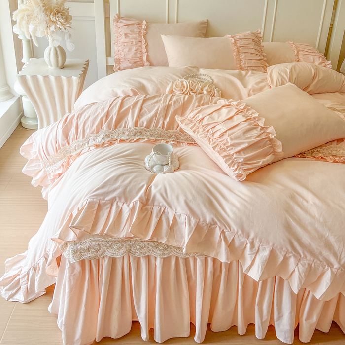 91家纺网 家纺一手货源 找家纺 瑞宝 2025新款法式全棉花边维密系列床裙款三件套 维密-蜜粉