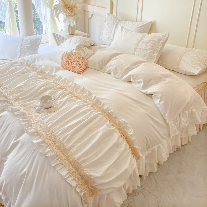 91家纺网 家纺一手货源 找家纺 瑞宝 2025新款法式全棉花边维密系列床裙款三件套 维密-奶油白