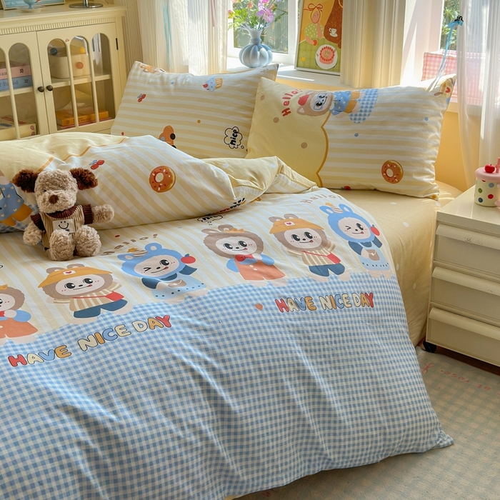 觅糖家纺 2025春夏新款40支全棉纯棉斜纹13370针织四件套 潮流玩伴