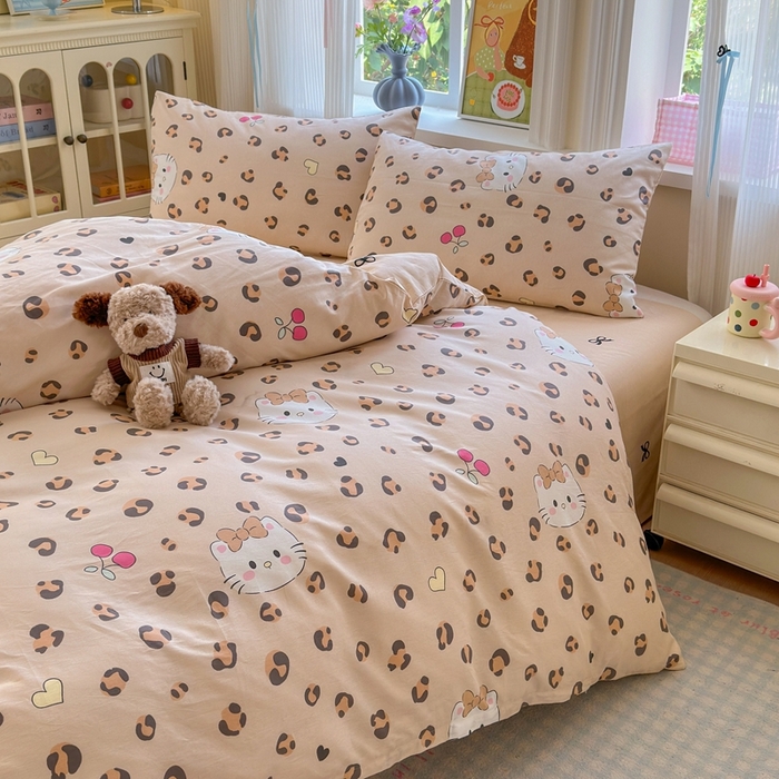 觅糖家纺 2025春夏新款40支全棉纯棉斜纹13370针织四件套 时尚猫咪-咖