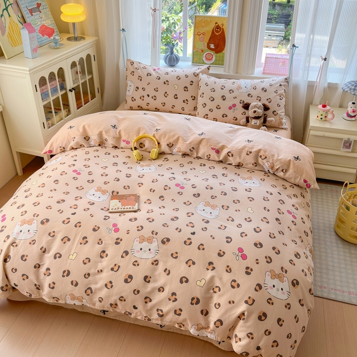 91家纺网 家纺一手货源 找家纺 觅糖家纺 2025春夏新款40支全棉纯棉斜纹13370针织四件套 时尚猫咪-咖