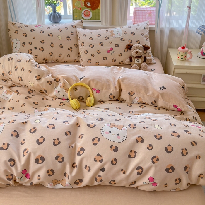 91家纺网 家纺一手货源 找家纺 觅糖家纺 2025春夏新款40支全棉纯棉斜纹13370针织四件套 时尚猫咪-咖