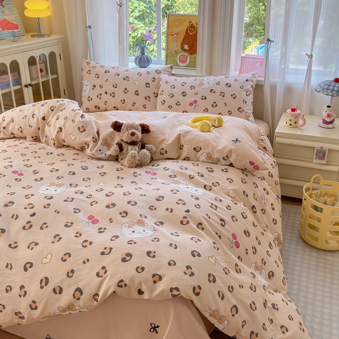 91家纺网 家纺一手货源 找家纺 觅糖家纺 2025春夏新款40支全棉纯棉斜纹13370针织四件套 时尚猫咪-咖