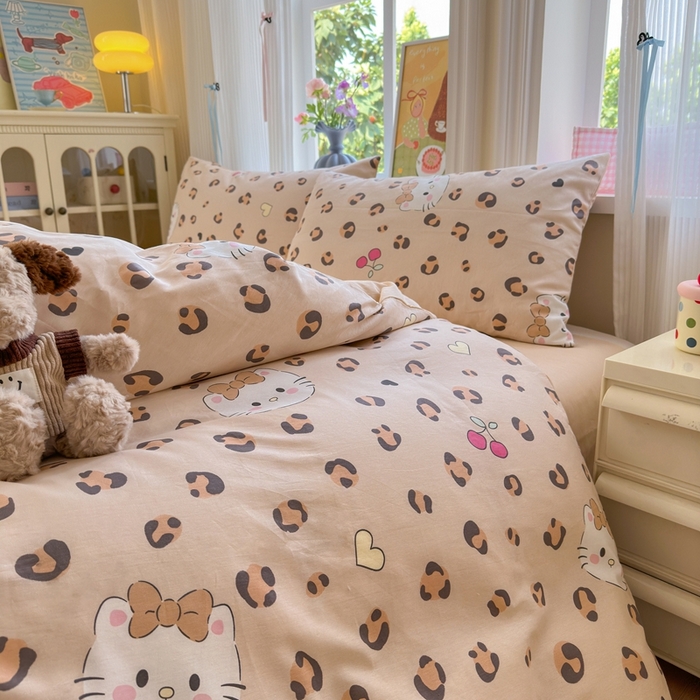 91家纺网 家纺一手货源 找家纺 觅糖家纺 2025春夏新款40支全棉纯棉斜纹13370针织四件套 时尚猫咪-咖