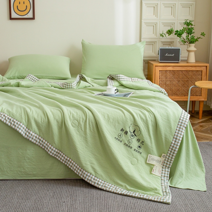 91家纺网 家纺一手货源 找家纺 帕芬鸟家纺 2025新款色织水洗棉棉花夏被四件套 抹茶绿
