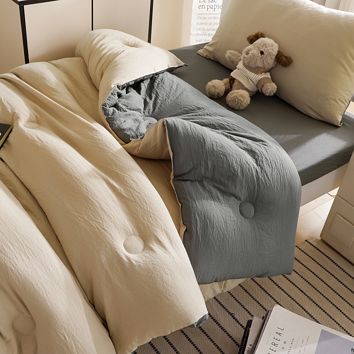 91家纺网 家纺一手货源 找家纺 益多眠 2025新款双拼云朵被冬被被子被芯 双拼系列-奶茶+深灰