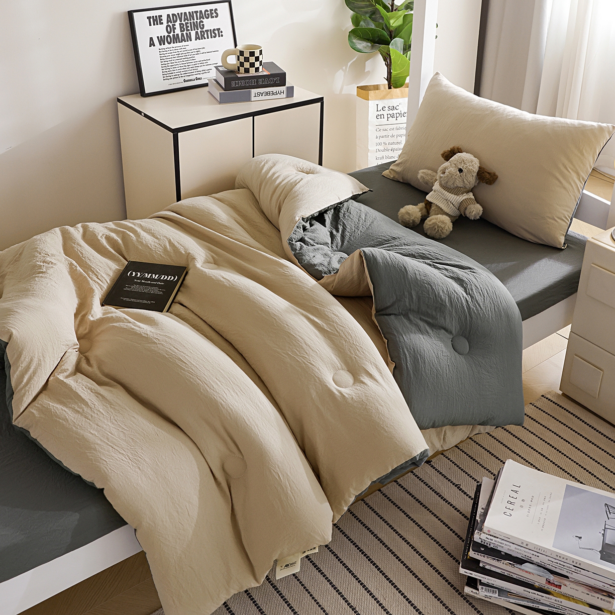 91家纺网 家纺一手货源 找家纺 益多眠 2025新款双拼云朵被冬被被子被芯 双拼系列-奶茶+深灰