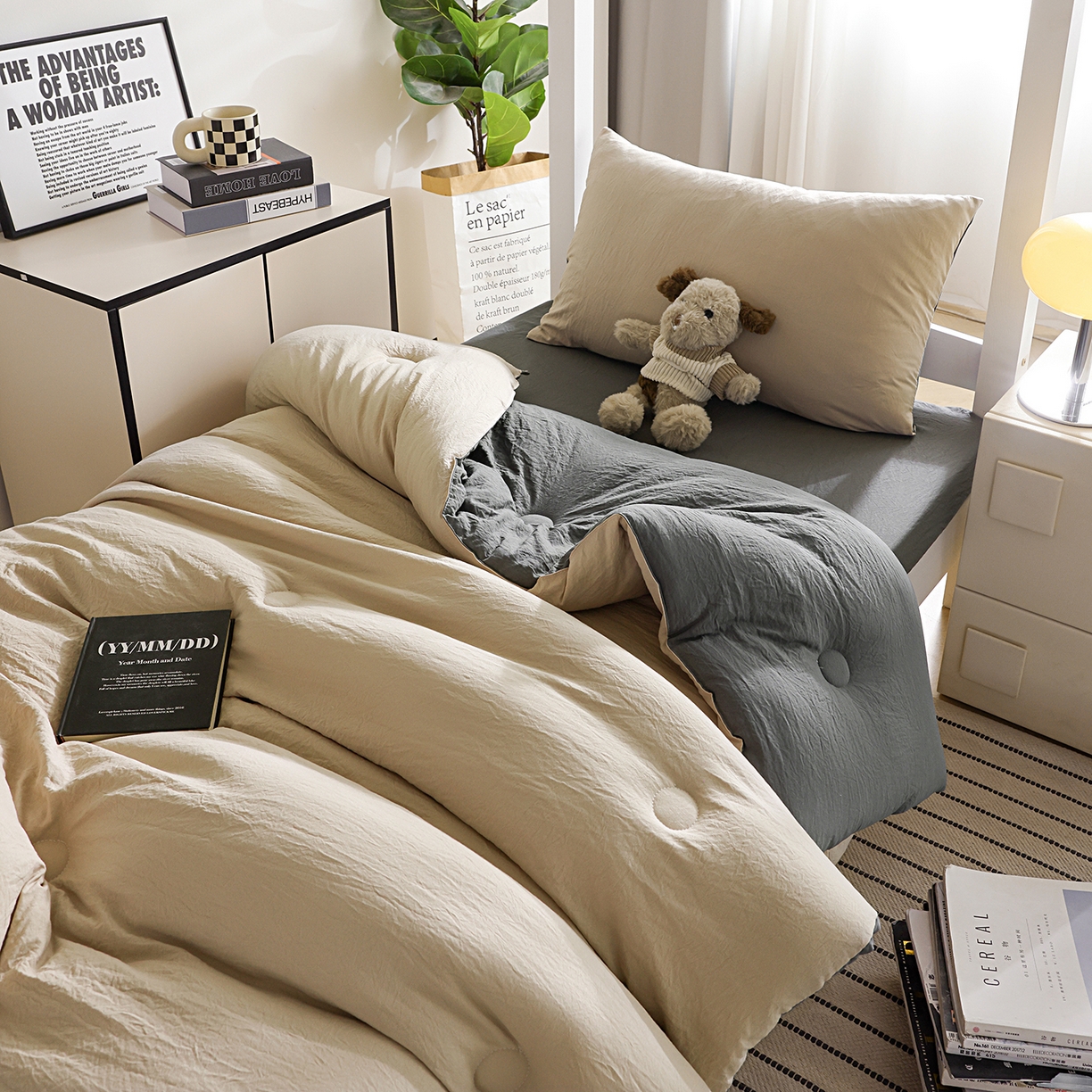 91家纺网 家纺一手货源 找家纺 益多眠 2025新款双拼云朵被冬被被子被芯 双拼系列-奶茶+深灰