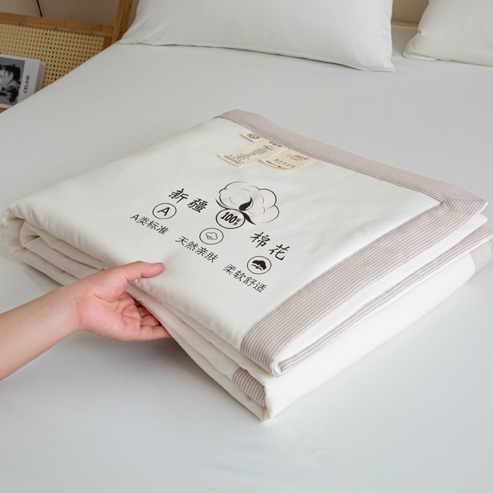 91家纺网 家纺一手货源 找家纺 帕芬鸟家纺 2025新款色织水洗棉棉花夏被四件套 月光白