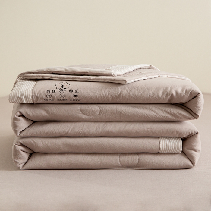 91家纺网 家纺一手货源 找家纺 帕芬鸟家纺 2025新款色织水洗棉棉花夏被四件套 奶油咖