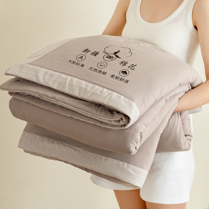 91家纺网 家纺一手货源 找家纺 帕芬鸟家纺 2025新款色织水洗棉棉花夏被四件套 奶油咖