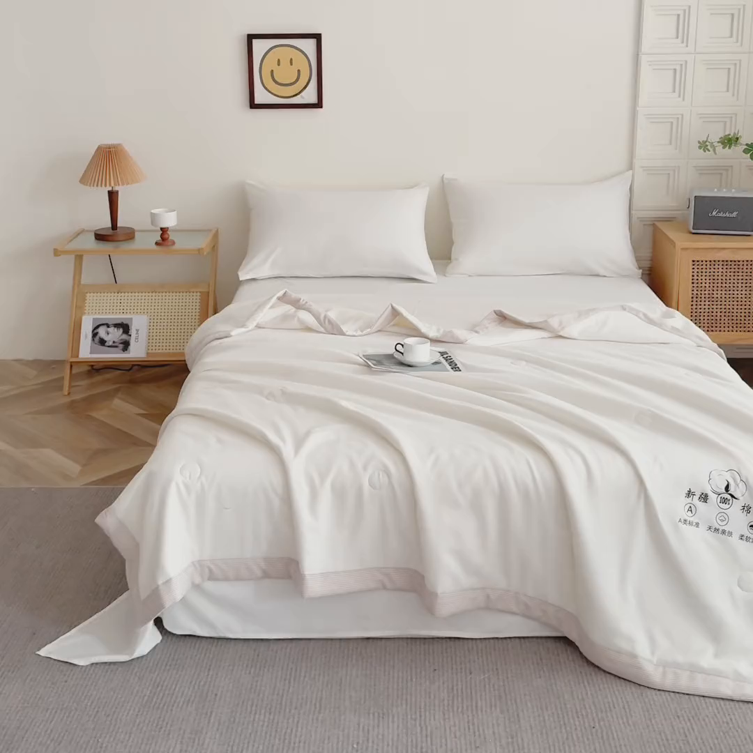91家纺网 家纺一手货源 找家纺 帕芬鸟家纺 2025新款色织水洗棉棉花夏被四件套 月光白