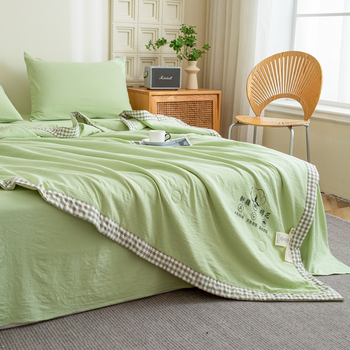 91家纺网 家纺一手货源 找家纺 帕芬鸟家纺 2025新款色织水洗棉棉花夏被四件套 抹茶绿