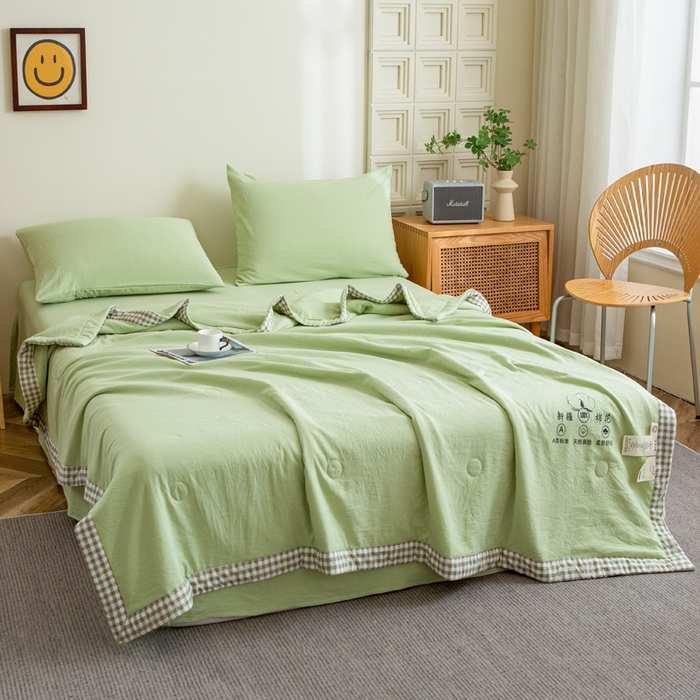 91家纺网 家纺一手货源 找家纺 帕芬鸟家纺 2025新款色织水洗棉棉花夏被四件套 抹茶绿