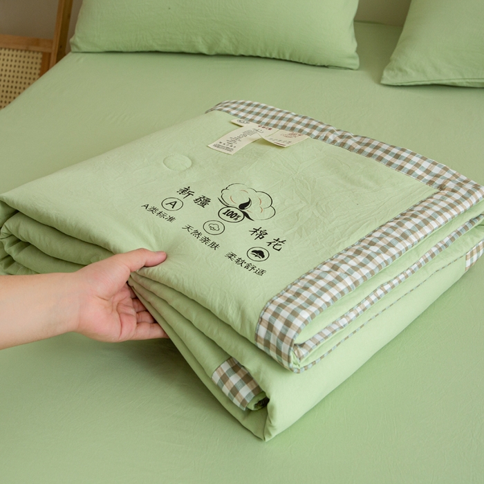 91家纺网 家纺一手货源 找家纺 帕芬鸟家纺 2025新款色织水洗棉棉花夏被四件套 抹茶绿