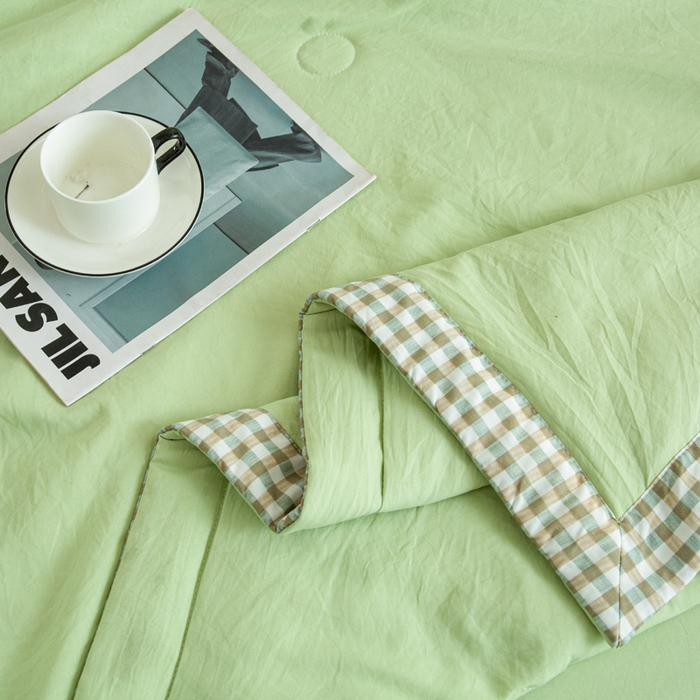 91家纺网 家纺一手货源 找家纺 帕芬鸟家纺 2025新款色织水洗棉棉花夏被四件套 抹茶绿