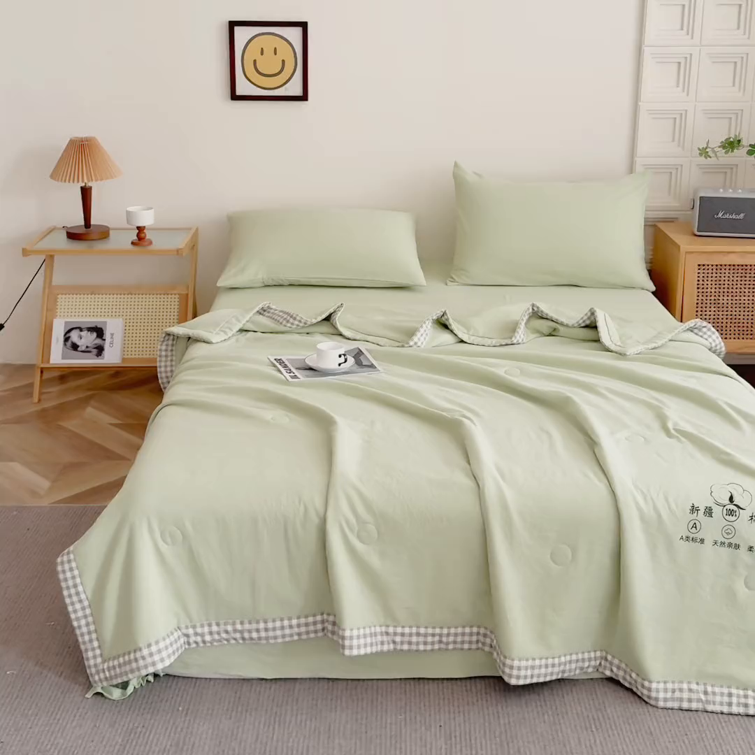 91家纺网 家纺一手货源 找家纺 帕芬鸟家纺 2025新款色织水洗棉棉花夏被四件套 抹茶绿