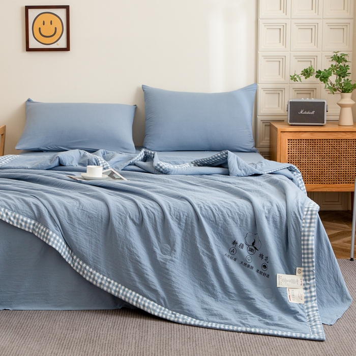 91家纺网 家纺一手货源 找家纺 帕芬鸟家纺 2025新款色织水洗棉棉花夏被四件套 宾利蓝