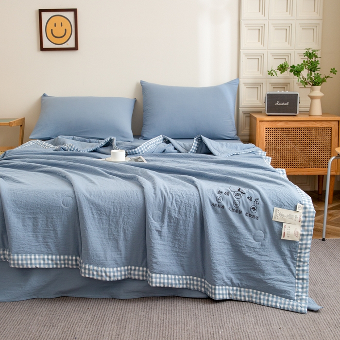 91家纺网 家纺一手货源 找家纺 帕芬鸟家纺 2025新款色织水洗棉棉花夏被四件套 宾利蓝