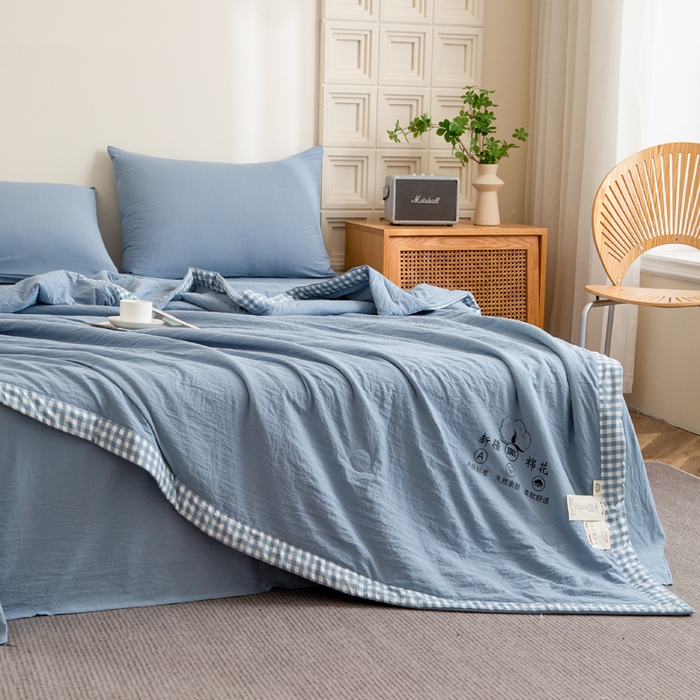 91家纺网 家纺一手货源 找家纺 帕芬鸟家纺 2025新款色织水洗棉棉花夏被四件套 宾利蓝