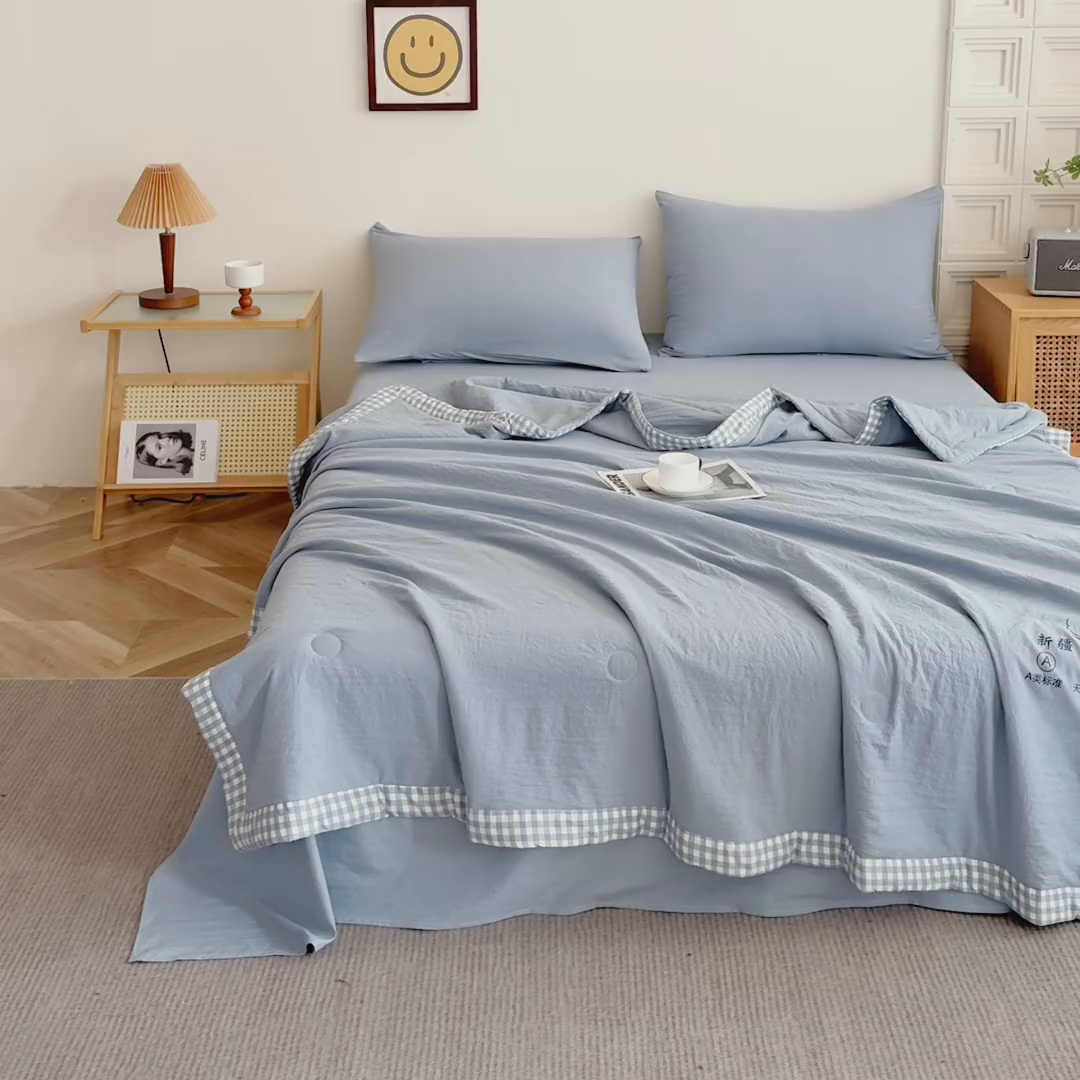 91家纺网 家纺一手货源 找家纺 帕芬鸟家纺 2025新款色织水洗棉棉花夏被四件套 宾利蓝