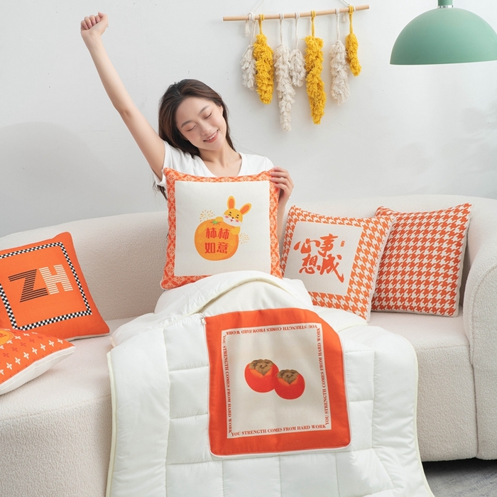 91家纺网 家纺一手货源 找家纺 （总）新奇异 2025新款柿柿如意棉麻抱枕被