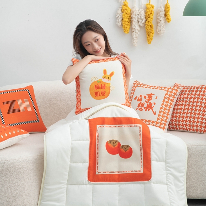 91家纺网 家纺一手货源 找家纺 （总）新奇异 2025新款柿柿如意棉麻抱枕被