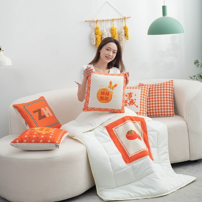 91家纺网 家纺一手货源 找家纺 新奇异 2025新款柿柿如意棉麻抱枕被 组合图仅供展示