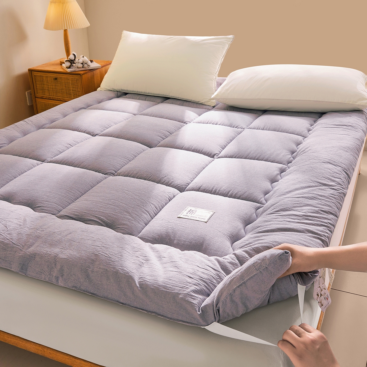 91家纺网 家纺一手货源 找家纺 西域种棉人·千百笠 （总）2025新款A类里外全棉100%新疆棉花填充夹棉床垫床护垫软垫床褥子单人双 夏洛床垫-灰