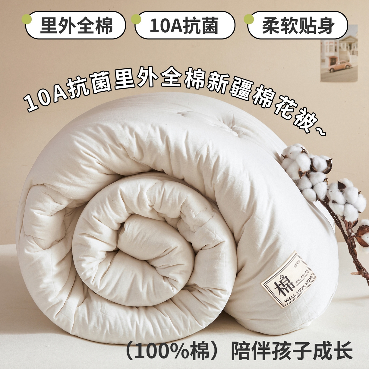 91家纺网 家纺一手货源 找家纺 西域种棉人·千百笠 2025新款A类抗菌里外全棉纯棉100%新疆棉花被冬被被芯春秋被四季用盖被 夏洛被子-白