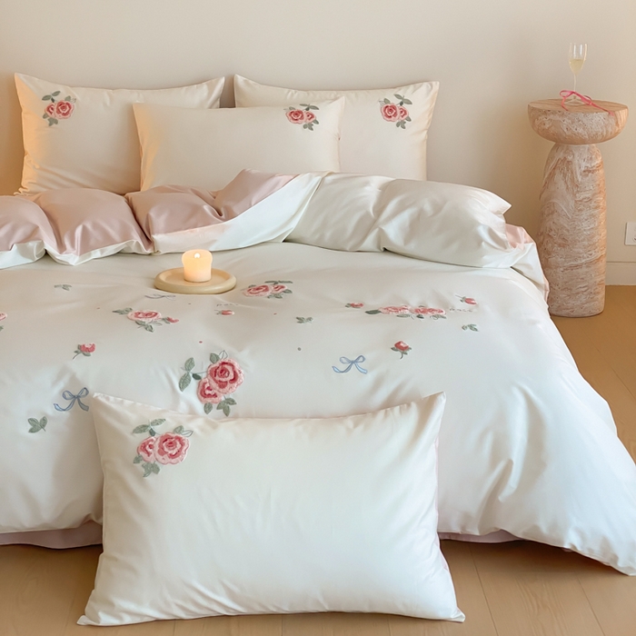 91家纺网 家纺一手货源 找家纺 云栖2025全棉刺绣纯色纯棉长绒棉四件套-乐萌系列 香馥玫瑰