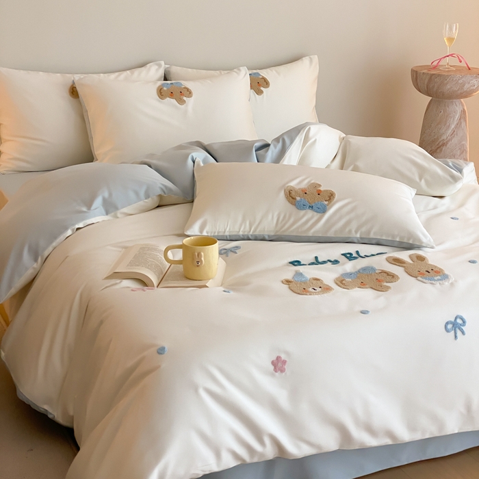 91家纺网 家纺一手货源 找家纺 （总）云栖2025全棉刺绣纯色纯棉长绒棉四件套-乐萌系列