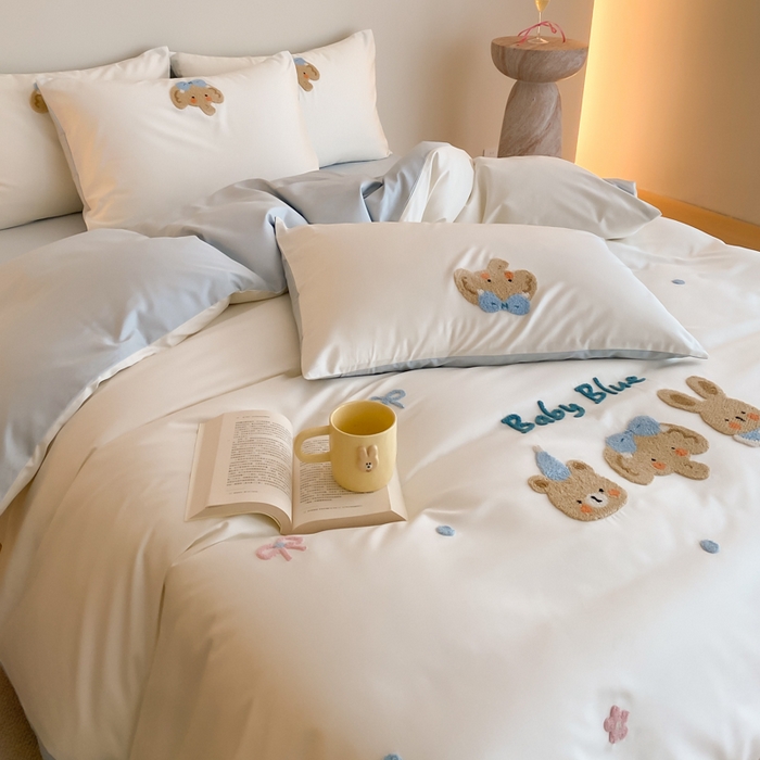 91家纺网 家纺一手货源 找家纺 （总）云栖2025全棉刺绣纯色纯棉长绒棉四件套-乐萌系列