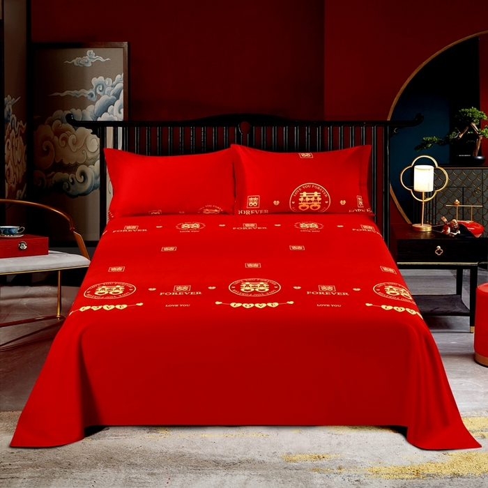 91家纺网 家纺一手货源 找家纺 居美良品 2025新款婚庆100全棉纯棉大红磨毛四件套 双喜