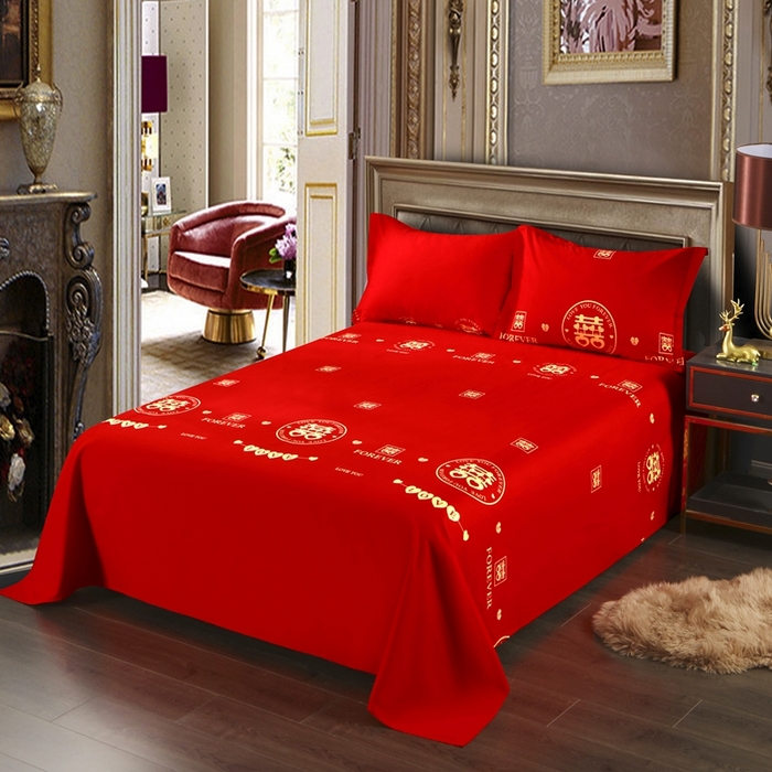 91家纺网 家纺一手货源 找家纺 居美良品 2025新款婚庆100全棉纯棉大红磨毛四件套 双喜