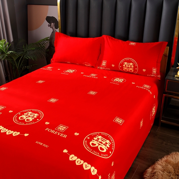 91家纺网 家纺一手货源 找家纺 居美良品 2025新款婚庆100全棉纯棉大红磨毛四件套 双喜