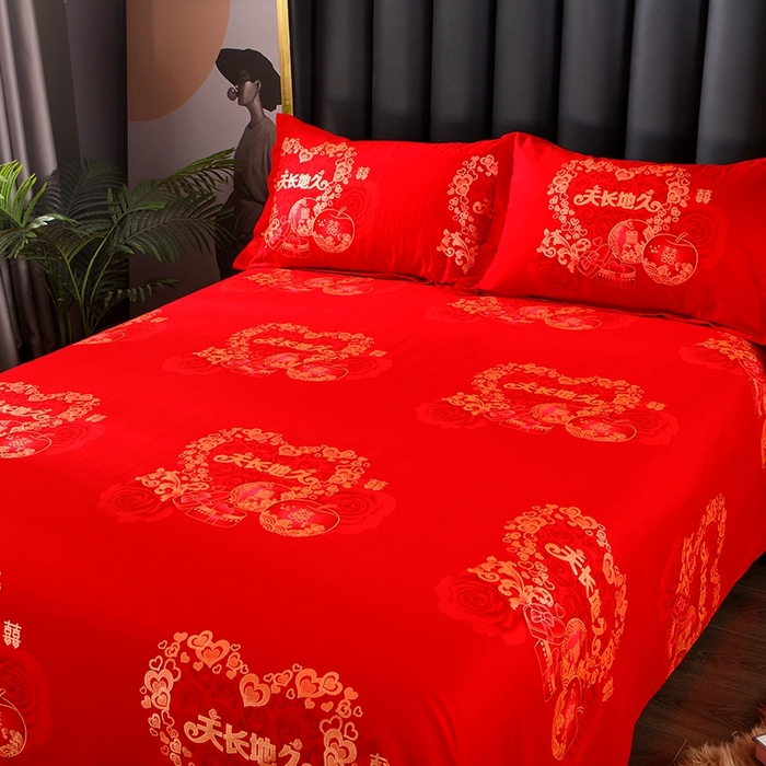91家纺网 家纺一手货源 找家纺 居美良品 2025新款婚庆100全棉纯棉大红磨毛四件套 天长地久