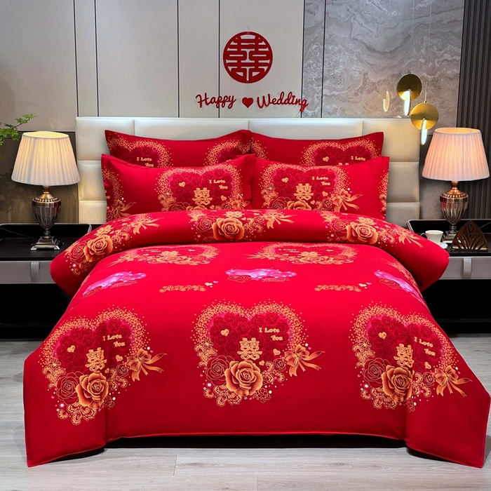 91家纺网 家纺一手货源 找家纺 居美良品 2025新款婚庆100全棉纯棉大红磨毛四件套 love喜