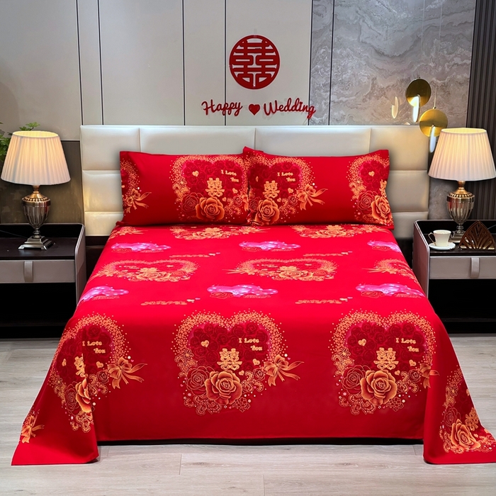 91家纺网 家纺一手货源 找家纺 居美良品 2025新款婚庆100全棉纯棉大红磨毛四件套 love喜