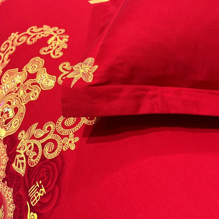 91家纺网 家纺一手货源 找家纺 居美良品 2025新款婚庆100全棉纯棉大红磨毛四件套 福星高照