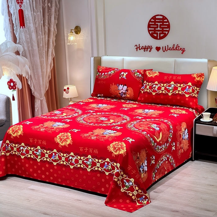 91家纺网 家纺一手货源 找家纺 居美良品 2025新款婚庆100全棉纯棉大红磨毛四件套 百子百福