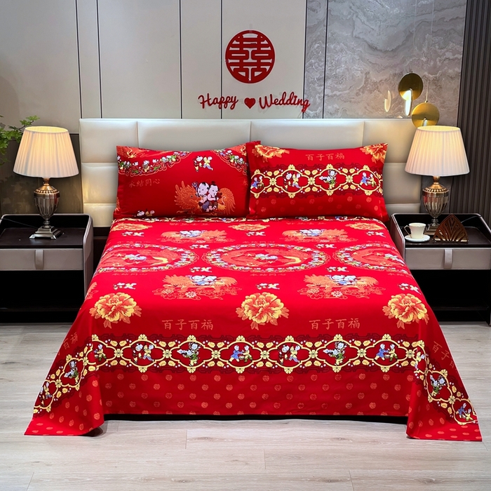 91家纺网 家纺一手货源 找家纺 居美良品 2025新款婚庆100全棉纯棉大红磨毛四件套 百子百福
