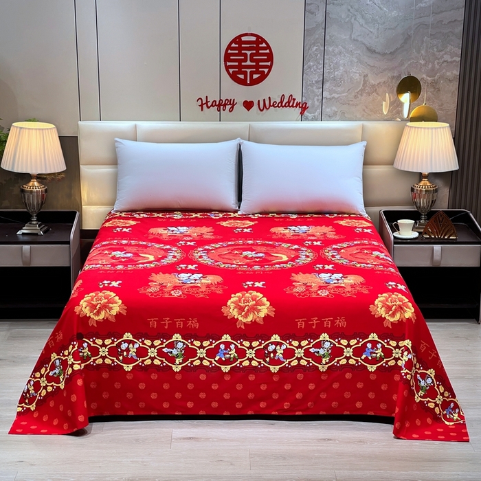 91家纺网 家纺一手货源 找家纺 居美良品 2025新款婚庆100全棉纯棉大红磨毛四件套 百子百福