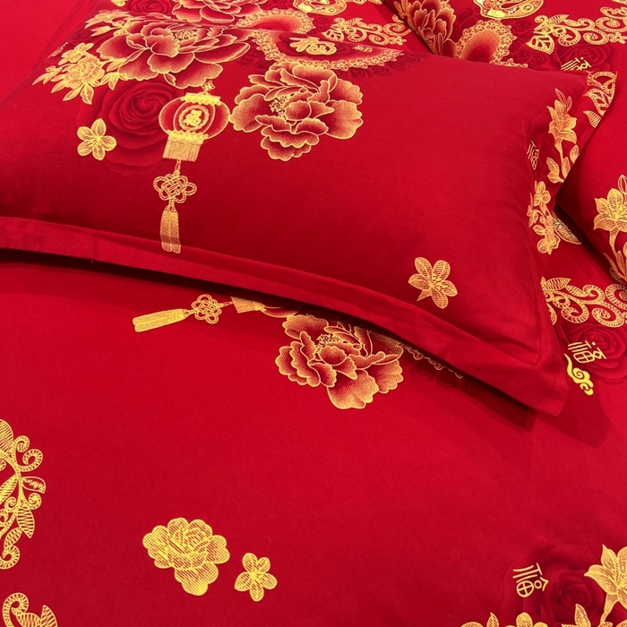 91家纺网 家纺一手货源 找家纺 居美良品 2025新款婚庆100全棉纯棉大红磨毛四件套 福星高照